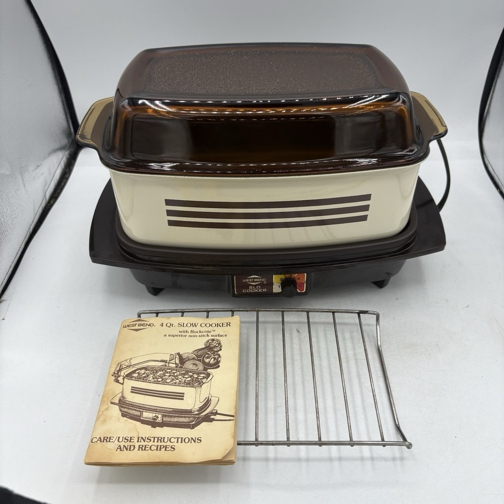 Vintage West Bend Slow Slo Cooker 4 Qt Glass Amber Lid Stripes w Manual & Rack